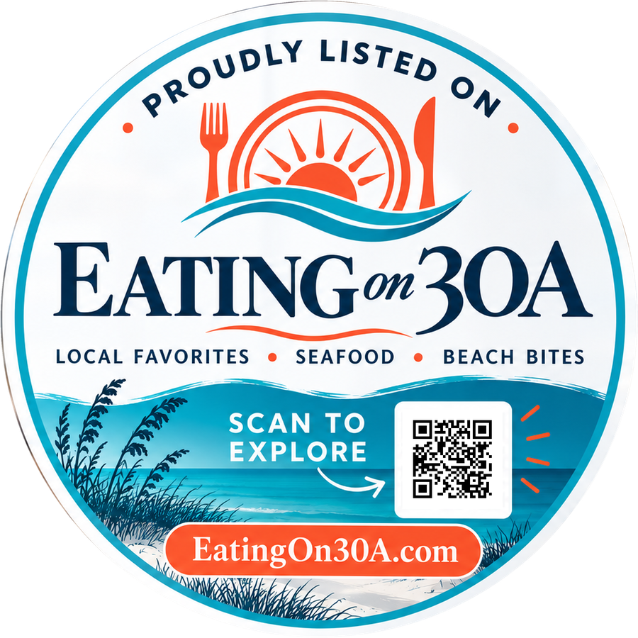 Circular Eating on 30A window decal, with a sun, fork, and knife over the Gulf and a QR code.