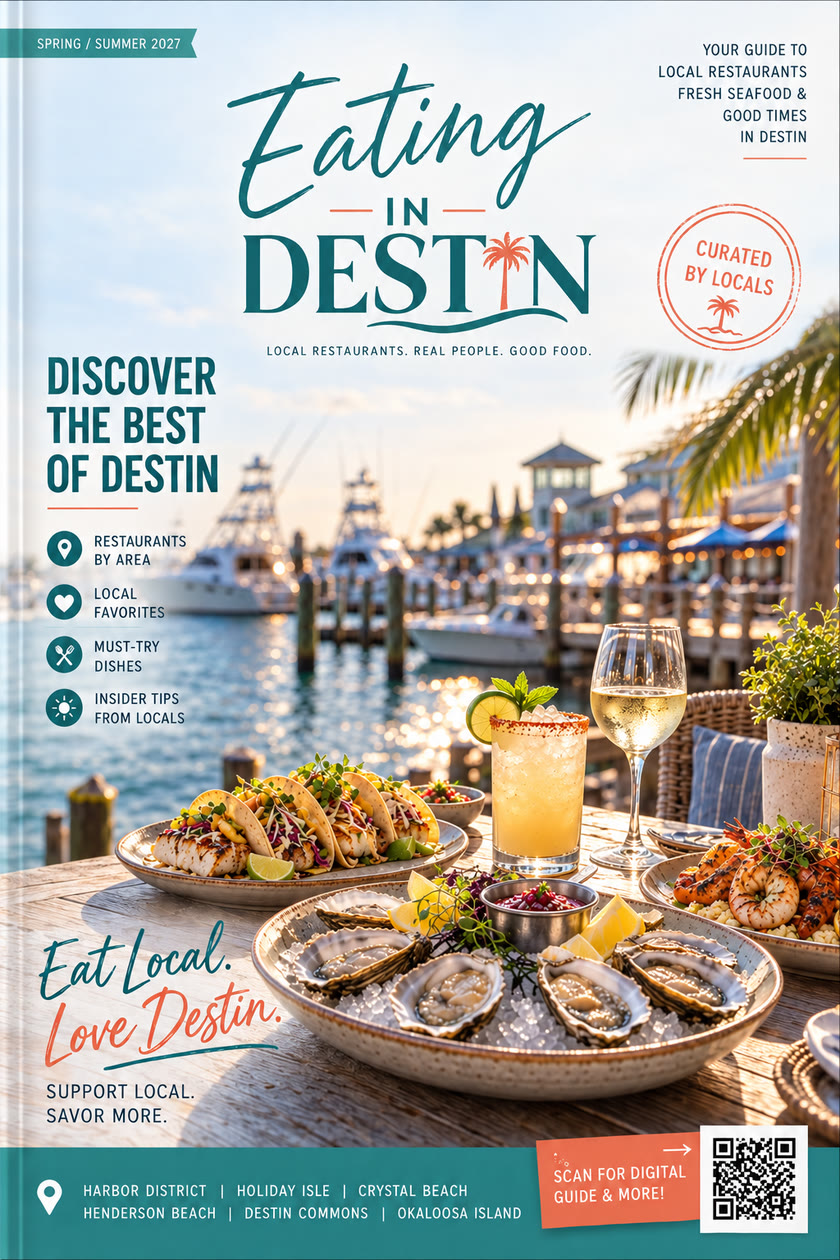 Spring/Summer 2027 cover of Eating In Destin, a printed restaurant guide, showing oysters, fish tacos, and drinks on a harbor table.