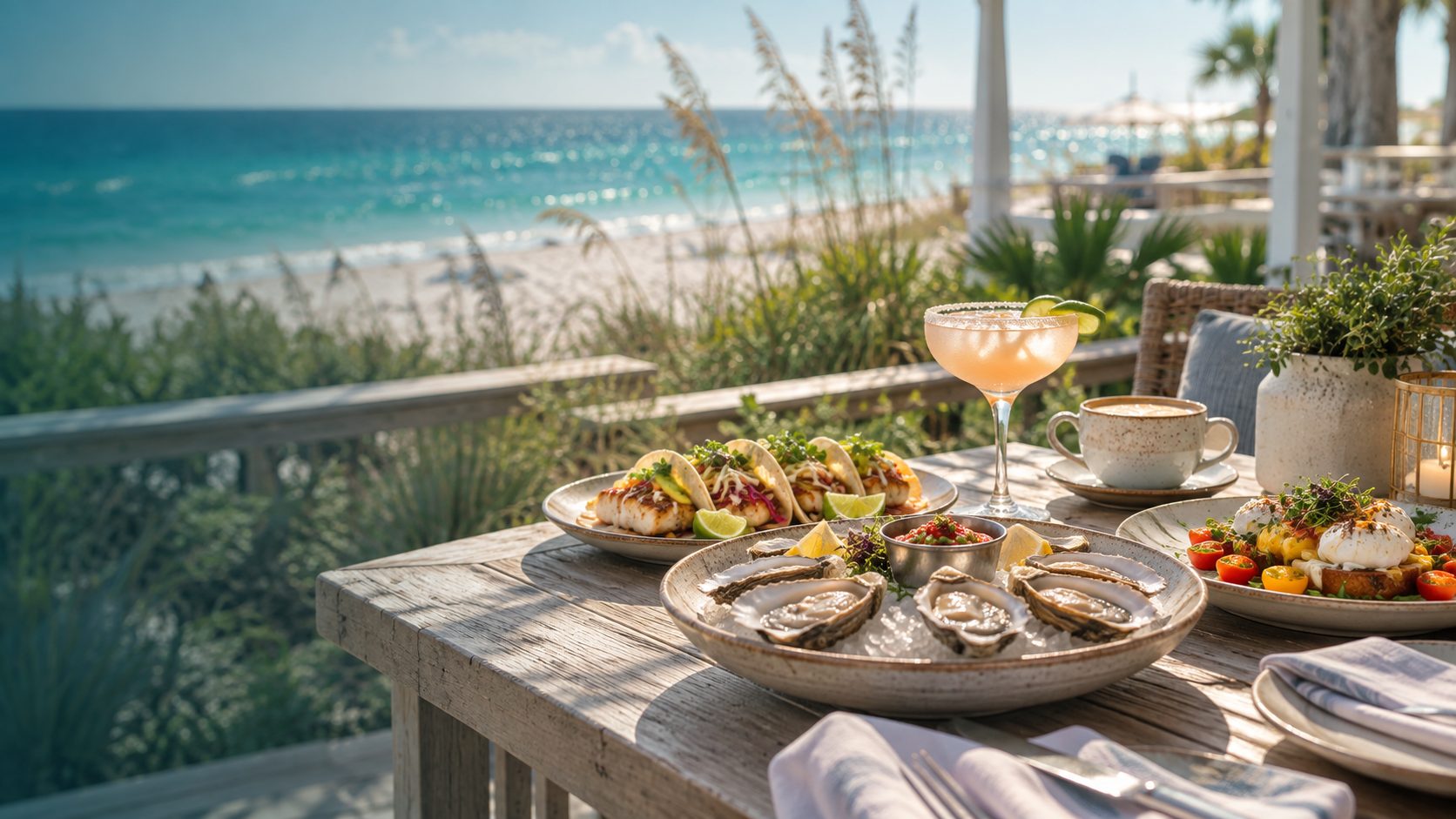 A beachside table set with oysters, fish tacos, brunch, a cocktail, and coffee, with the Gulf in the background.